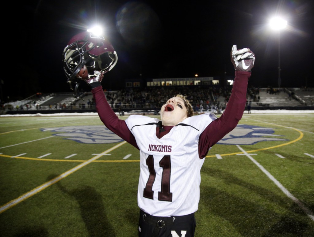 Tyler Pelletier of Nokomis celebrates after defeating Fryeburg in the Class C state championship game Saturday at Fitzpatrick Stadium in Portland.