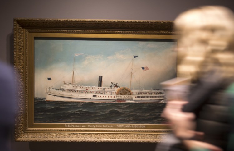 Museumgoers walk by "The Portland" by Antonio Jacobsen on the wall at the Portland Museum of Art on Friday. The museum recently acquired the painting. 