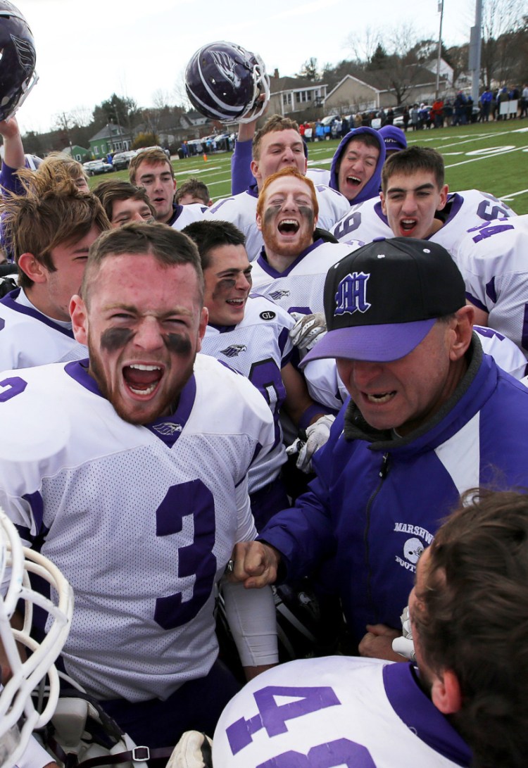 Tucker Davis, left, is part of a group of Marshwood seniors who have made their biggest contributions in practice, helping their teammates prepare for each game.