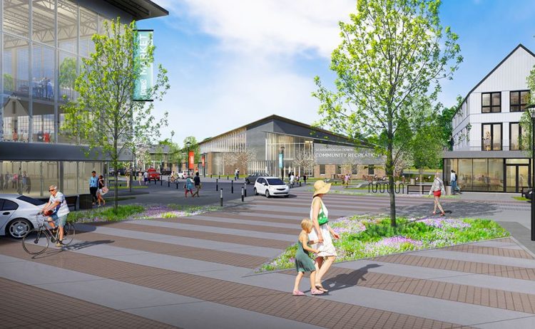 This rendering shows what Main Street might look like if a village center is built at Scarborough Downs, with a renovated and repurposed grandstand to the left and a possible community center in the center background.