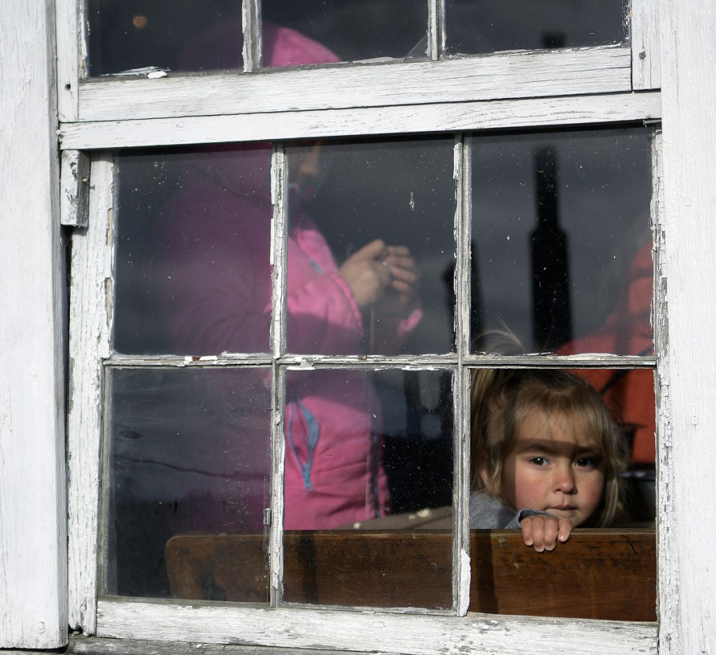Vega Acosta-Young, 2, surveys the Pumpkin Vine Family Farm Sunday while her sister, Lana, strings popcorn during a Scandinavian Christmas celebration at the Somerville farm.