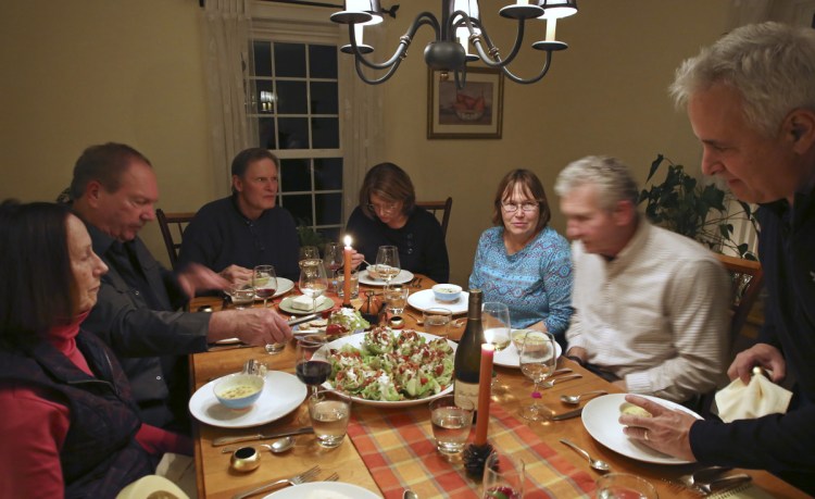 Handcrafted bowls from Monhegan Island wait to be filled at a soup-centric potluck among friends over Thanksgiving weekend.