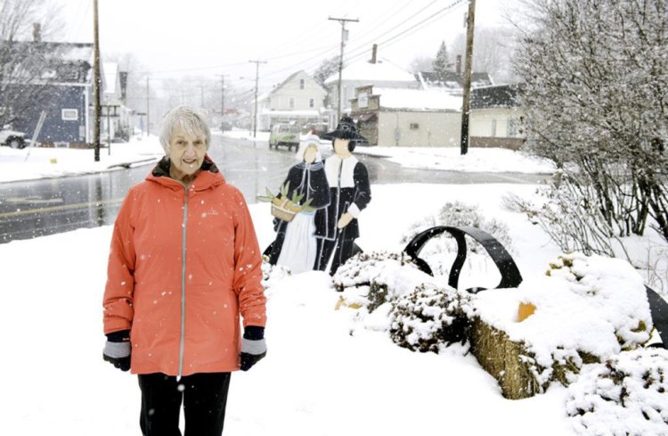 Lisbon's Thanksgiving tableau at the corner of Route 196 and School Street originally included a painted metal cutout depicting a 3-foot-tall turkey where Faye Brown stands in this Sun Journal file photo from November where she hoped to find the turkey that went missing from the Thanksgiving display in the center of Lisbon Falls.