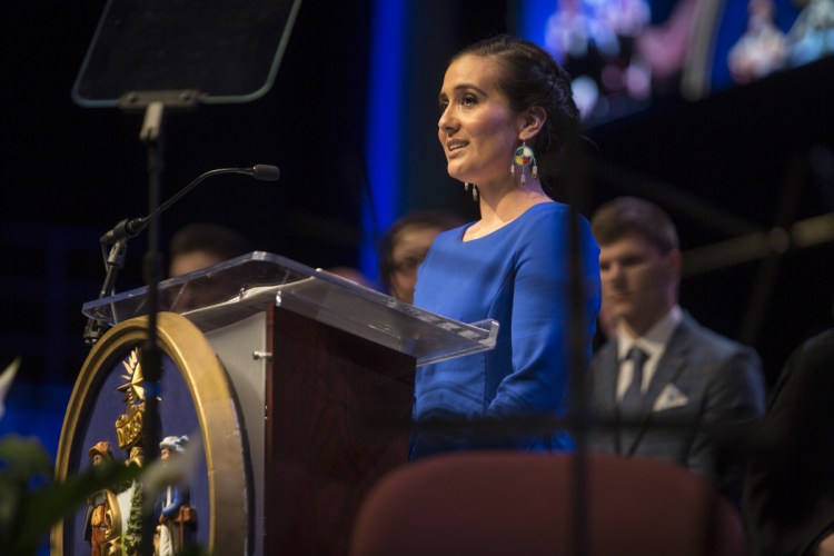 Maulian Dana, a tribal ambassador for the Penobscot Nation, speaks on Wednesday before the inauguration of Gov. Janet Mills at the Augusta Civic Center. Dana thanked Mills for her support of an effort to remove the "Indians" nickname from Skowhegan Area High School sports teams.