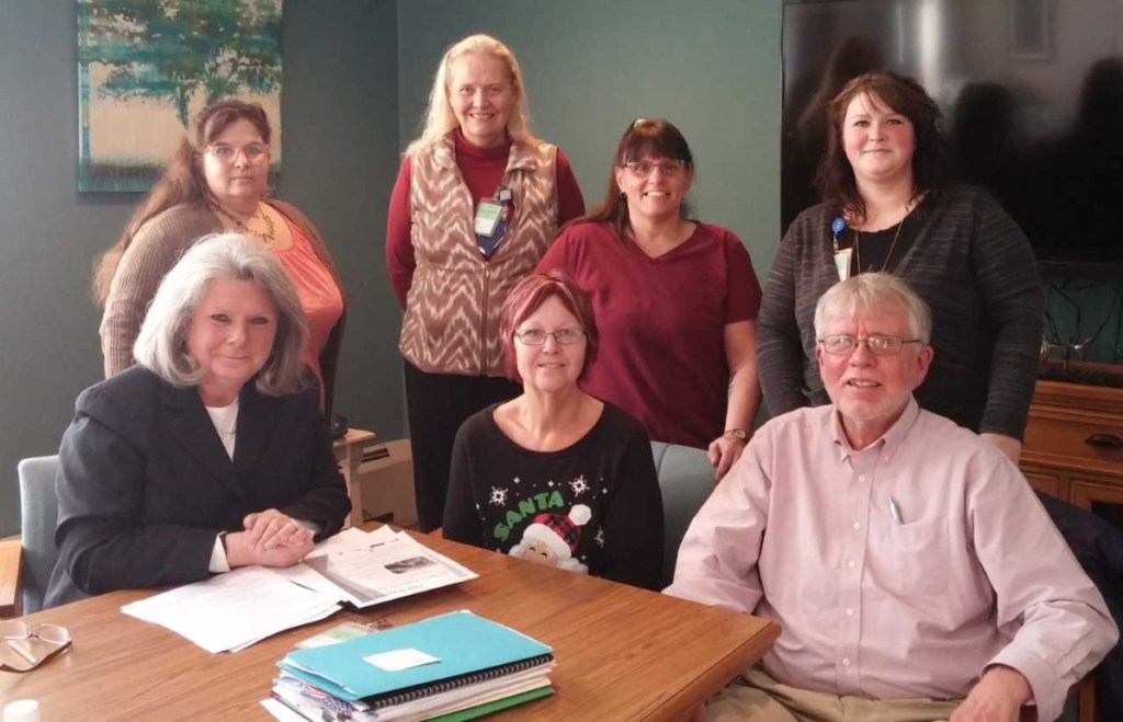 Training partners from Western Maine Community Action and Skowhegan/Lawrence Community and Adult Education offices recently met with administrators at Mount Saint Joseph's Residence and Rehabilitation facility in Waterville to finalize schedules and curriculum for the upcoming Certified Nursing Assistant training. Seated, from left, are Monica Millhime, WCMA employment and training business specialist; Diane Sinclair, administrator, Mt. St. Joseph classroom and clinical instructor; and Bill Laney, director, Skowhegan Adult Education. Standing, from left, are Athena Briggs, WMCA employment and training specialist; Pat Hughes, director, Lawrence Adult Education; Stephanie Aucoin, R.N., Mt. St. Joseph's classroom and clinical instructor; and Tara Gagnon, human resources, Mt. St. Joseph's.