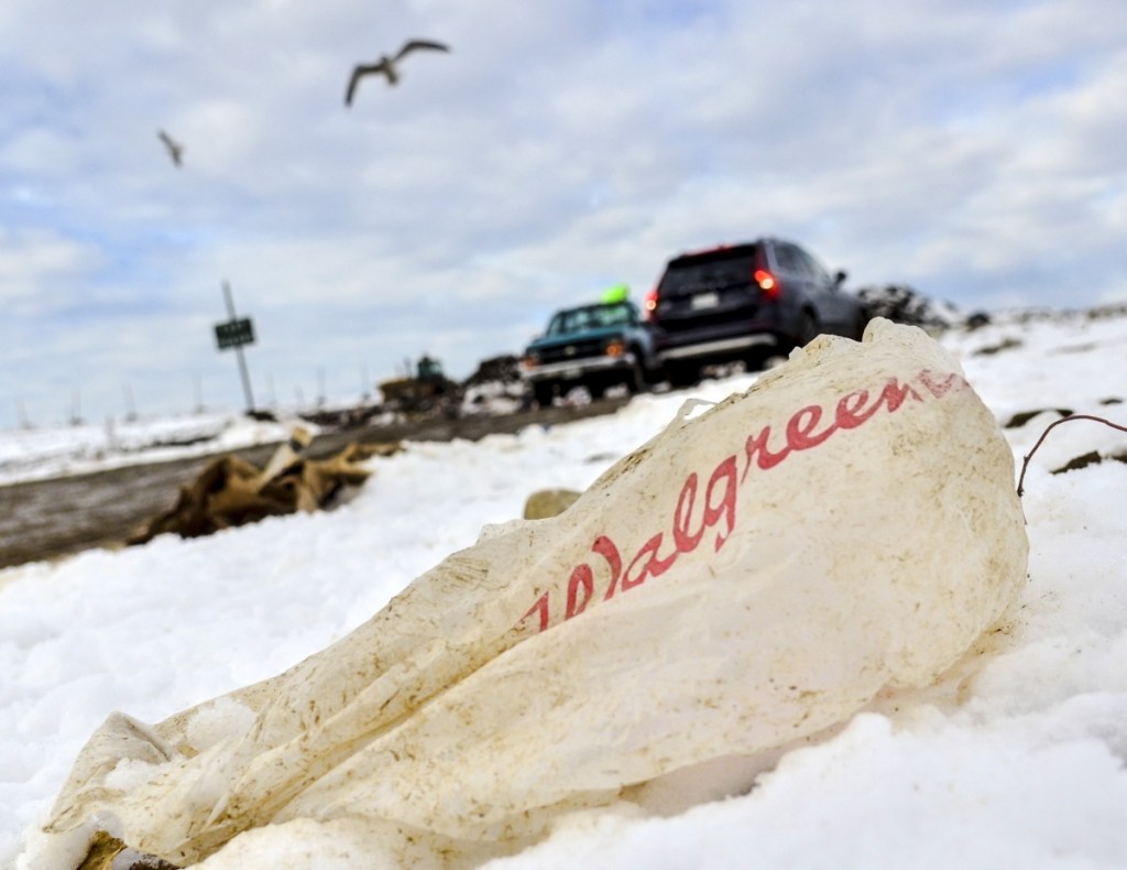 A plastic shopping bag blows in the wind on Jan. 4 at the Hatch Hill Solid Waste Facility in Augusta.