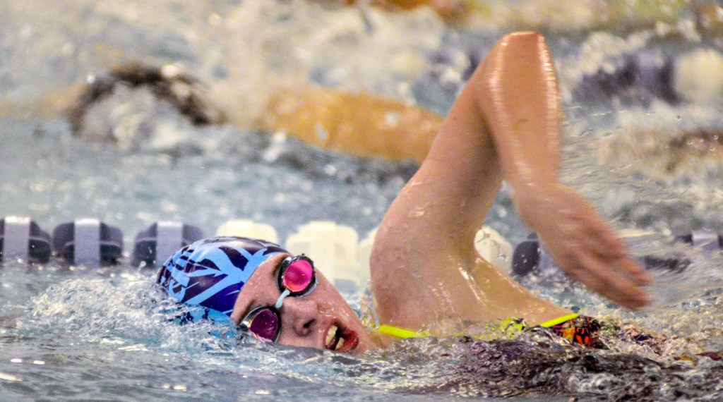 Kennebec Journal photo by Joe Phelan 
 Erskine's Nina Boudreau practices last week at the Kennebec Valley YMCA in Augusta. Boudreau holds six school records along with being part of three record-holding relay teams.