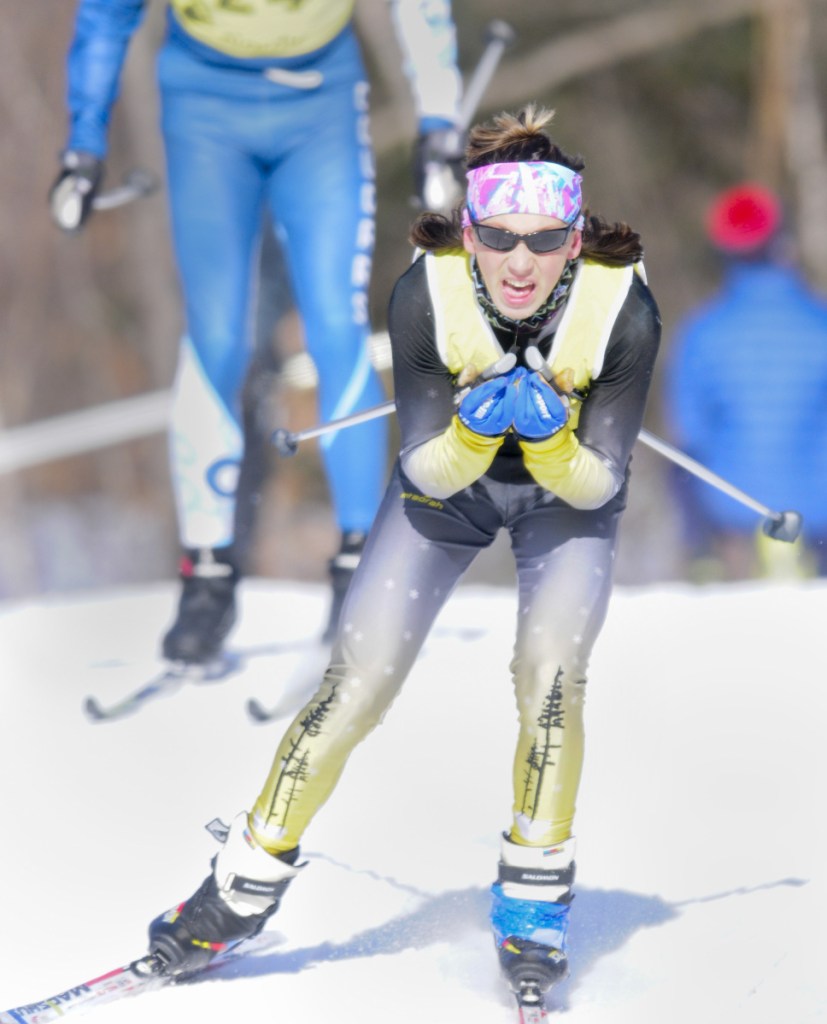 Kennebec Journal photo by Joe Phelan 
 Maranacook's Carter McPhedran skis during the Maranacook Waves earlier this season at Quarry Road Trails in Waterville.