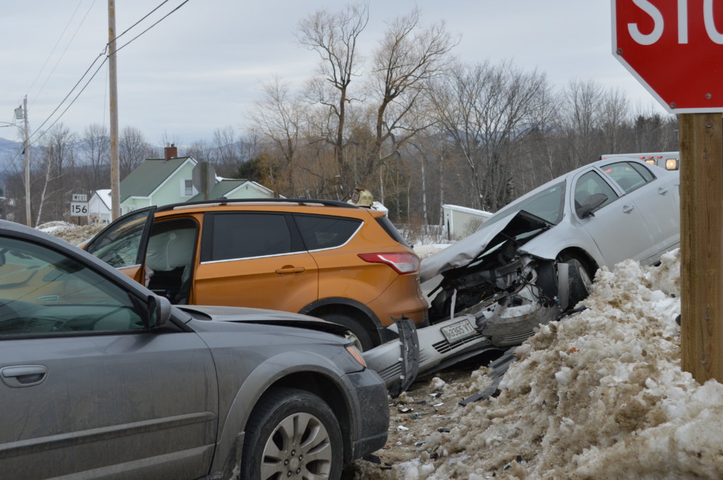 Two women were injured Friday morning when a car driven by Allison Callahan, 19, of Farmington collided with a SUV driven by Tammy Davis, 53, of Jay, and both vehicles collided with a car driven by Bentley Meyer, 20, of Concord, Massachusetts, at the intersection of routes 133 and 156 at Bean's Corner in Jay.