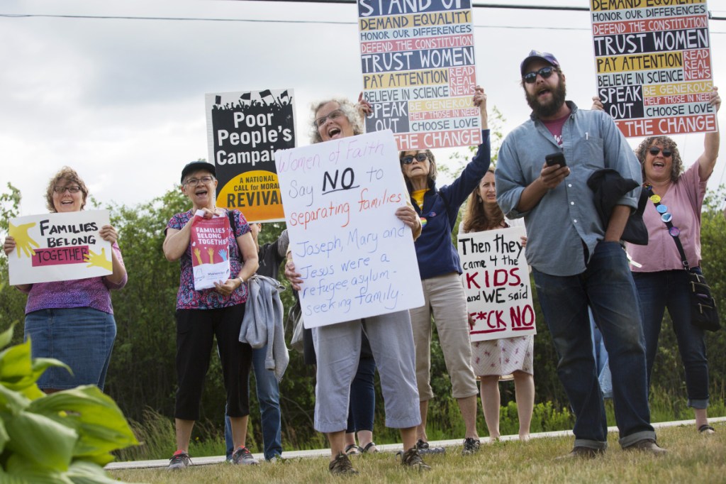 SOUTH PORTLAND, ME - JUNE 14: Mainers for Accountable Leadership joins with the Maine Poor People's Campaign to protest at U.S. Customs and Border Protection office as a part of Nation Day of Action to say "Families Belong Together". The groups were protesting against the Trump administration policy of separating parents and children at the border. Photo by Derek Davis/Staff Photographer