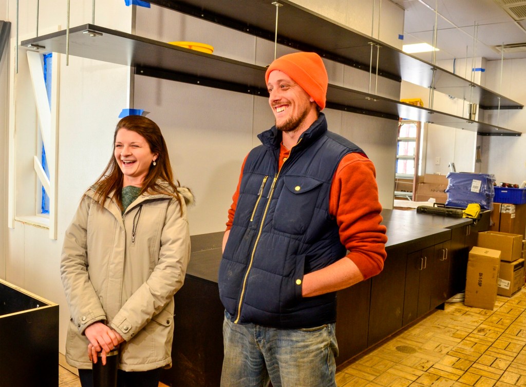 Kennebec Journal photo by Joe Phelan
Jessica Pray, left,  and Steve Pracher at the Aroma Joe's under construction on Jan. 31 in Augusta.


