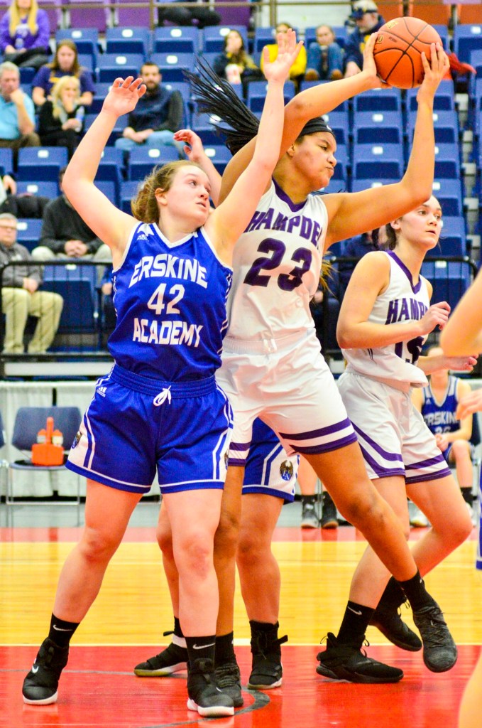 Erskine's Emily Clark, left, can't get a rebound from Hampde's Bailey Donovan during a Class A North quarterfinal game Friday at the Augusta Civic Center. 