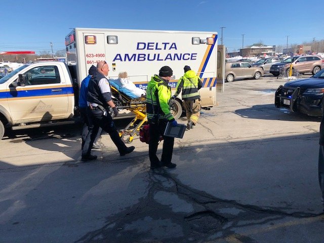 An older woman was struck by a car in Elm Plaza off upper Main Street in Waterville on Tuesday. The driver of the car that struck the woman said she was blinded by the sun.