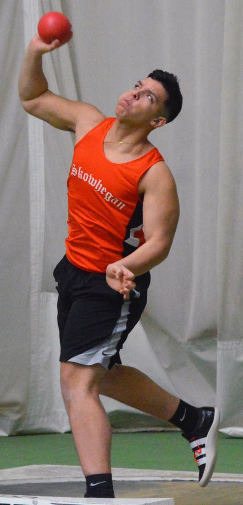 Skowhegan's Jamal Dourant throws the shot put during the KVAC championships Saturday at Farley Field House at Bowdoin College. 