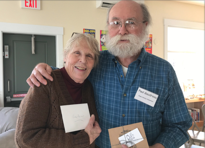 Sue Fairer, left, and Paul Gaudreau during the recent Volunteer Recognition Tea held at Vose Library in Union.