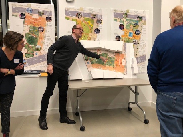 Members of the community gather Jan. 16 at the Chace Community Forum in the Bill and Joan Alfond Commons as Neil Kittredge, an architect with Beyer Blinder Belle, describes the three final design possibilities for Castonguay Square. The public can get a look at the final design concept at 6 p.m. Tuesday at the Chace Forum.
