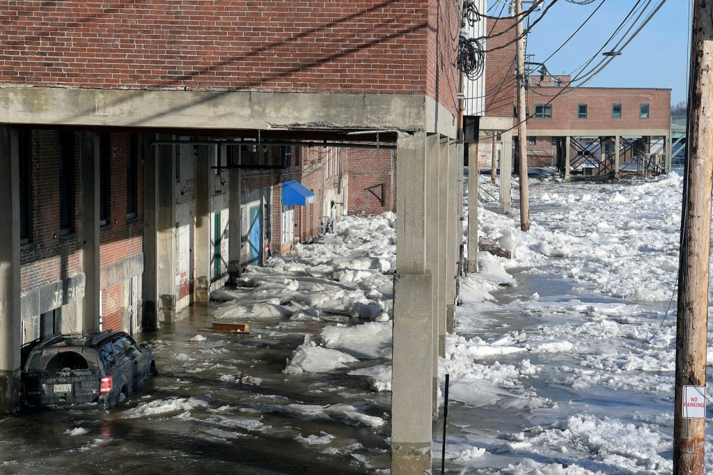 The parking lot on Front Street in Augusta submerged by the Kennebec River on Jan. 14, 2018.