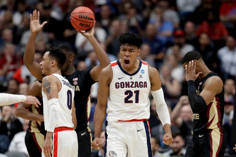 Gonzaga forward Rui Hachimura celebrates after scoring against Florida State during the first half an NCAA men's college basketball tournament West Region semifinal Thursday, March 28, 2019, in Anaheim, Calif. (AP Photo/Marcio Jose Sanchez)