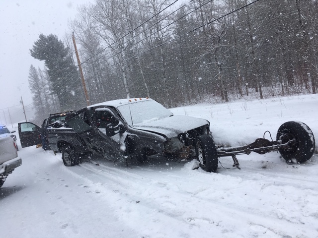 A 2003 Ford F-350 pickup truck collided head-on Sunday in Canaan with a Toyota Corolla, causing serious injuries. The F-350 was being towed by a Ford F-150 on snow-covered Route 2 when it swerved into the oncoming lane and collided with the Corolla.