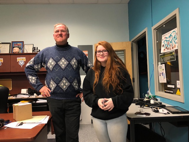 Waterville Senior High School junior Kylee Hamm, 17, at right, answers questions Thursday night from Waterville city councilors and members of the Waterville Board of Education after she and her instructor, Dave Boardman, left, gave a presentation at Mid-MaineTechnical Center about the work the students do in the class.
