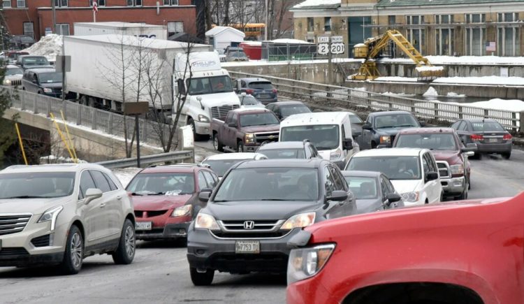 Traffic mounts on the southern Margaret Chase Smith bridge in Skowhegan at mid-afternoon when schools and area businesses close for the day on Feb. 27.