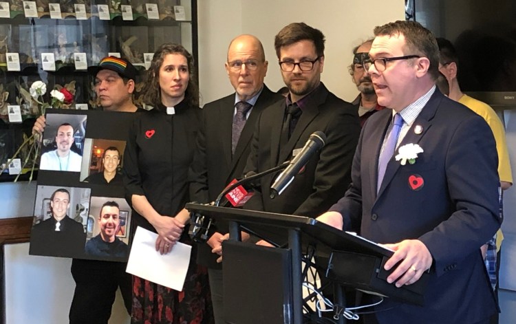 Rep. Michael Sylvester, D-Portland, speaks Monday during a news conference at the State House before a public hearing on his bill to authorize two “safe-injection” sites to prevent overdose deaths in Maine.