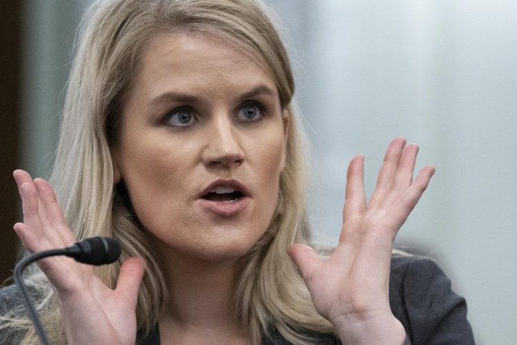 Former Facebook employee Frances Haugen speaks during a hearing of the Senate Commerce, Science and Transportation Subcommittee on Consumer Protection, Product Safety and Data Security, on Capitol Hill in Washington this month. 