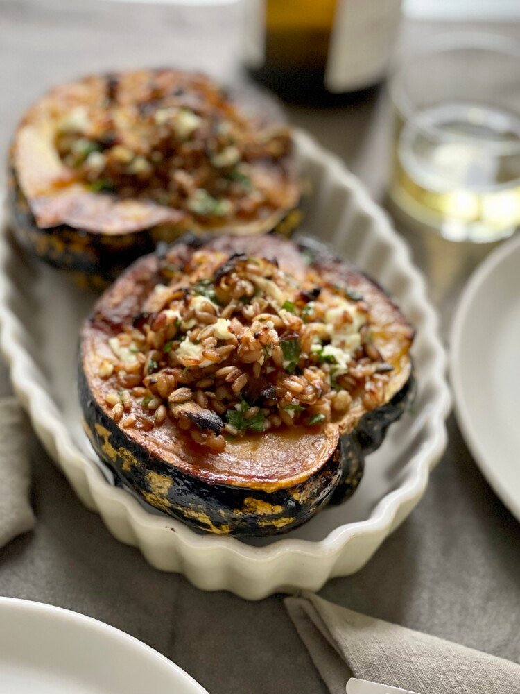 Grain, Mushroom and Goat Cheese Stuffed Acorn Squash