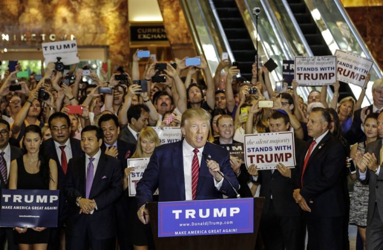 Then Republican presidential candidate Donald Trump holds a news conference in Trump Tower in New York on Sept. 3, 2015. Former President Trump is slated to return to New York City to provide a videotaped deposition in a lawsuit about his security team's crackdown on a protest outside Trump Tower over negative comments about Mexico and Mexican immigrants, during the early days of his presidential campaign in 2015.