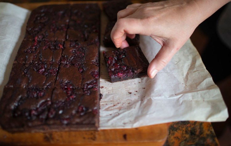 BRUNSWICK, ME - NOVEMBER 17: Green Plate Special holidays. Chocolate and cranberry swirl brownies. (Photo by Derek Davis/Staff Photographer)