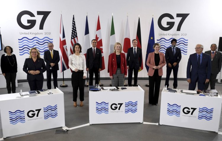 G-7 ministers in Liverpool, England on Sunday. From left are: Italy's Deputy Minister of Foreign Affairs Marina Sereni; German Federal Minister for Economic Cooperation and Development Svenja Schulze: Phillippines Secretary of Foreign Affairs Teodoro L Locsin Jr.; Germany's Foreign Minister Annalena Baerbock; Italy's Foreign Minister Luigi Di Maio; Britain's Foreign Secretary Liz Truss, U.S. Secretary of State Antony Blinken; Canada's Minister of Foreign Affairs Melanie Joly; Canada's Minister of International Development Harjit Sajjan; High Representative of the Union for Foreign Affairs Josep Borrel; and Brunei Darussalam's Minister of Foreign Affairs Dato Erywan Pehin Yusof. 

