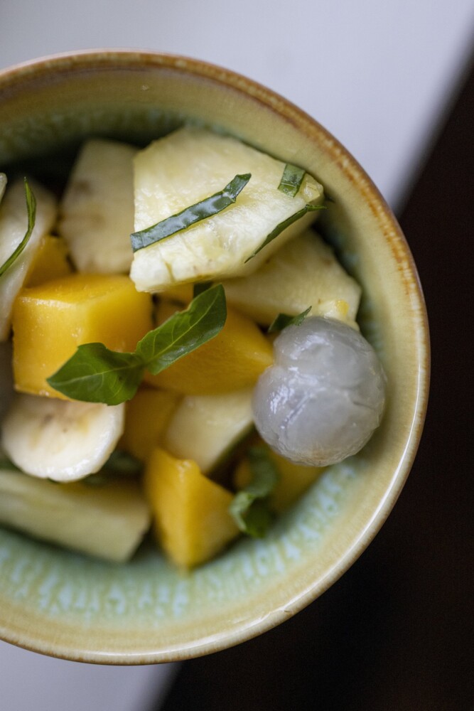 Fruit salad with Asian Flavors. That unfamiliar translucent fruit on the right? An Asian longan.