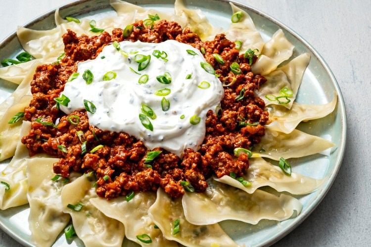 Aushak (Afghan Leek Dumplings with Yogurt and Meat Sauce) MUST CREDIT: Photo by Scott Suchman for The Washington Post.