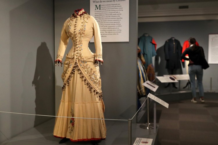 An embroidered dress circa 1880 owned by Hannah P. Adams of Belfast, on view at Maine Historical Society in Portland. 