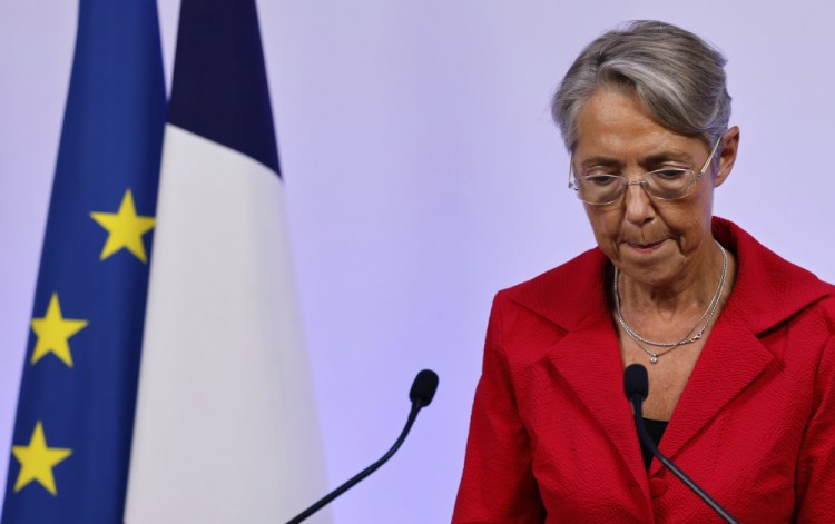 France's Prime Minister Elisabeth Borne reacts as she gives a speech Sunday in Paris. 