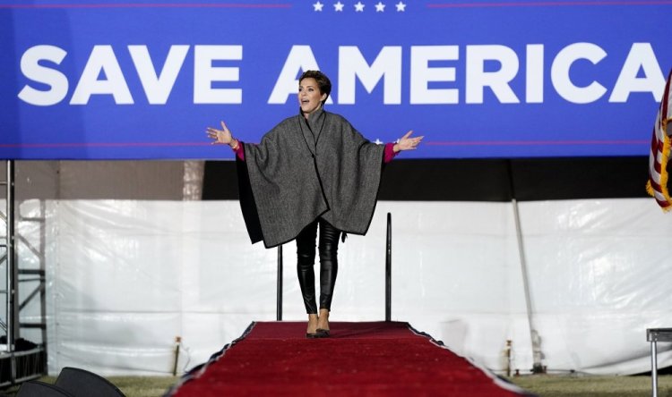 Arizona Republican candidate for governor Kari Lake acknowledges the crowd in January prior to a Trump rally in Florence, Ariz. Lake is among a growing number of Republican candidates who are claiming, or even previewing, that voter fraud is the only reason for their loss in a GOP primary.