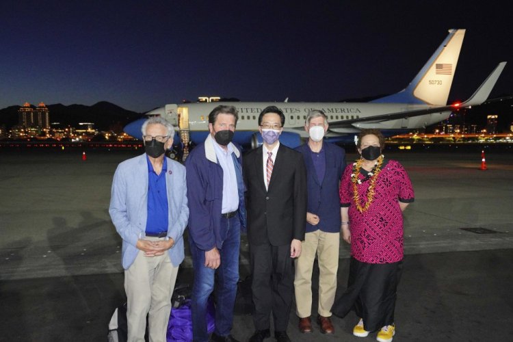 From left, Rep. Alan Lowenthal, D-Calif., Rep. John Garamendi, D-Calif., Donald Yu-Tien Hsu, director-General of the Department of North American Affairs, Taiwan's Ministry of Foreign Affairs, Rep. Don Beyer, D-Va., and Republican Rep. Aumua Amata Coleman Radewagen, a delegate from American Samoa pose for a photo after arriving in Taipei, Taiwan, on Sunday. 