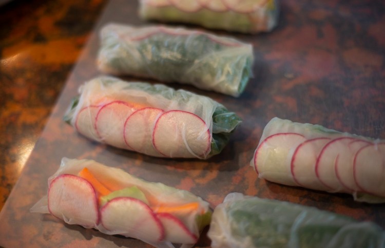 BRUNSWICK, ME - JUNE 15: Christine Burns Rudalevige makes Vietnamese Summer Rolls. (Staff photo by Derek Davis/Staff Photographer)