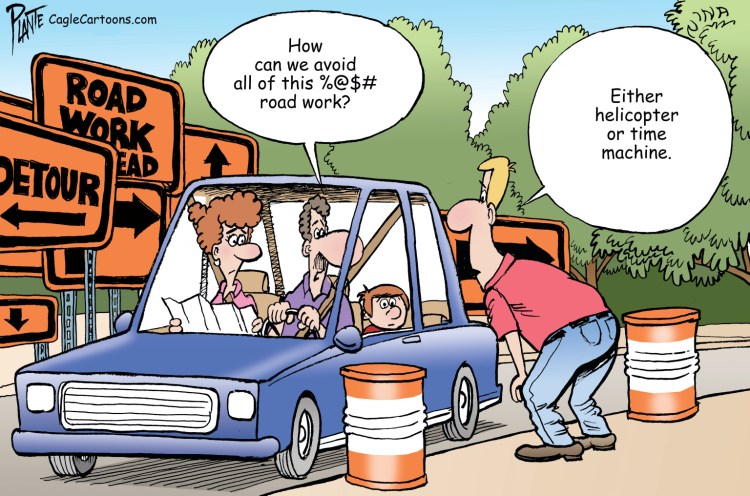 Road work, construction, traveling America, USA, orange barrels, road signs, detours